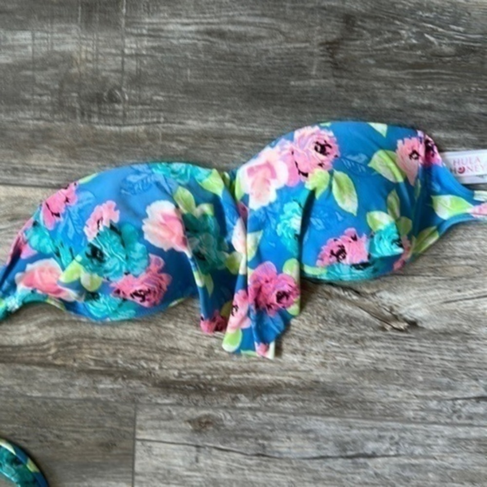 Hula honey, swimsuit, top blue and pink floral, strapless, bikini top size XS